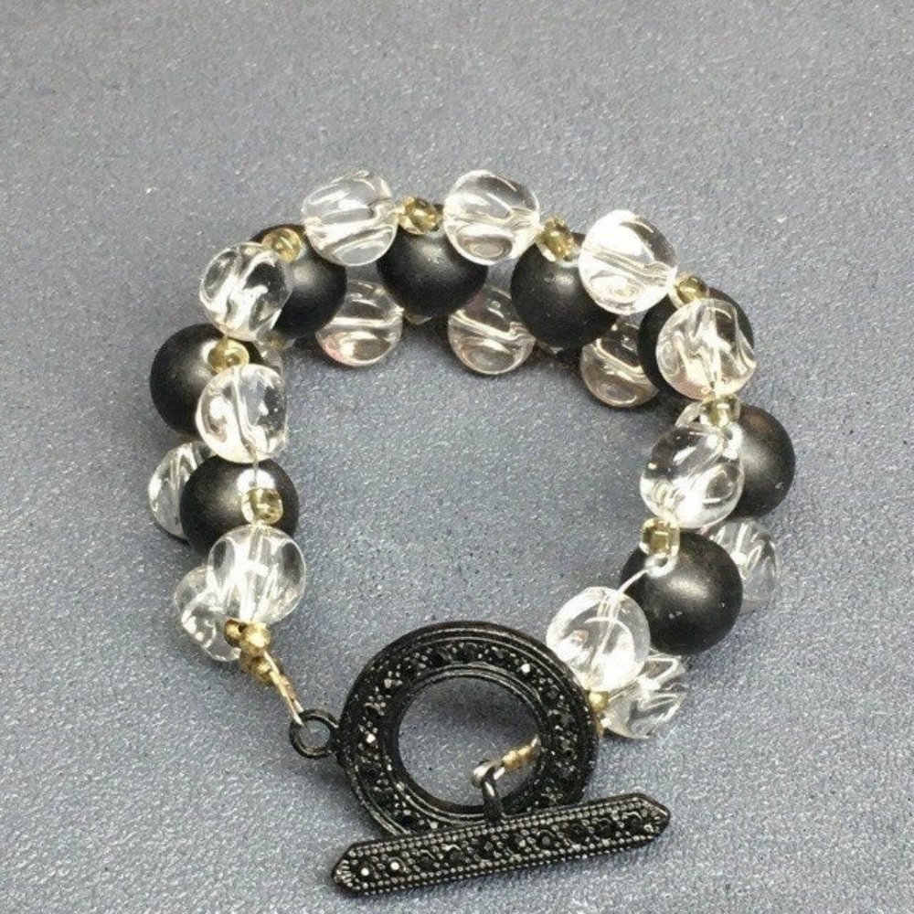 Black Toggle Closure Bracelet As Is Clear Gold Seed Bead Retro BoHo